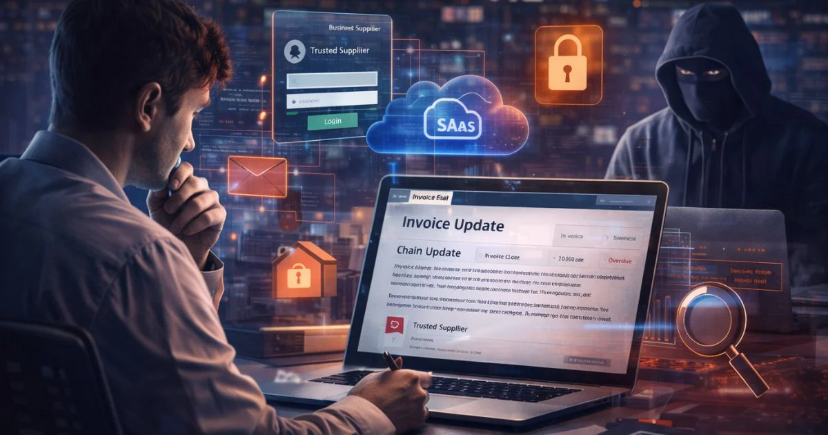 An employee reviewing a fake supplier invoice update while an attacker watches, illustrating supply chain phishing