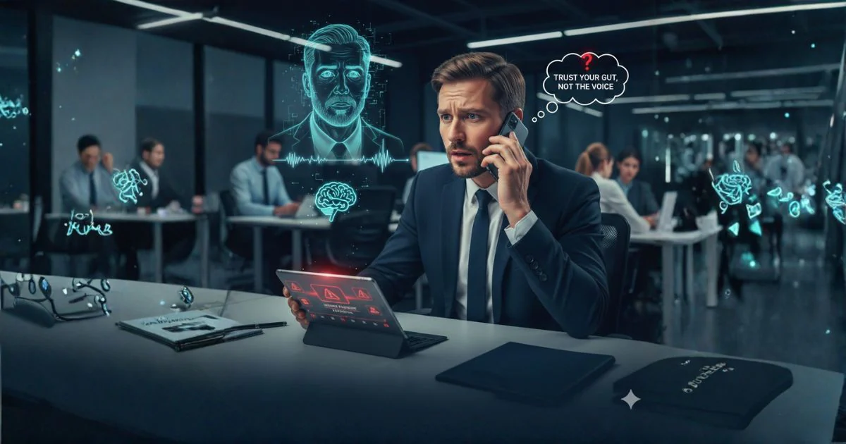 An employee on a phone call with an AI-cloned voice, illustrating vishing attacks