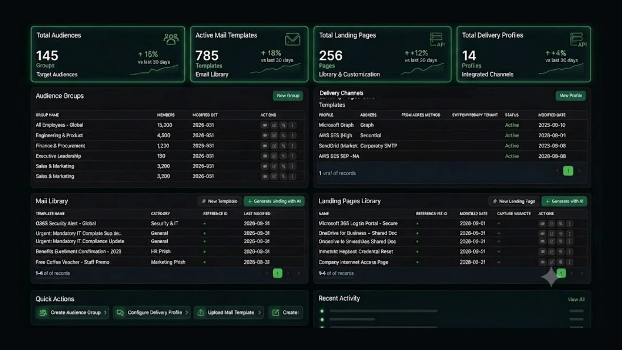 PhishPrep template, audience and landing page library