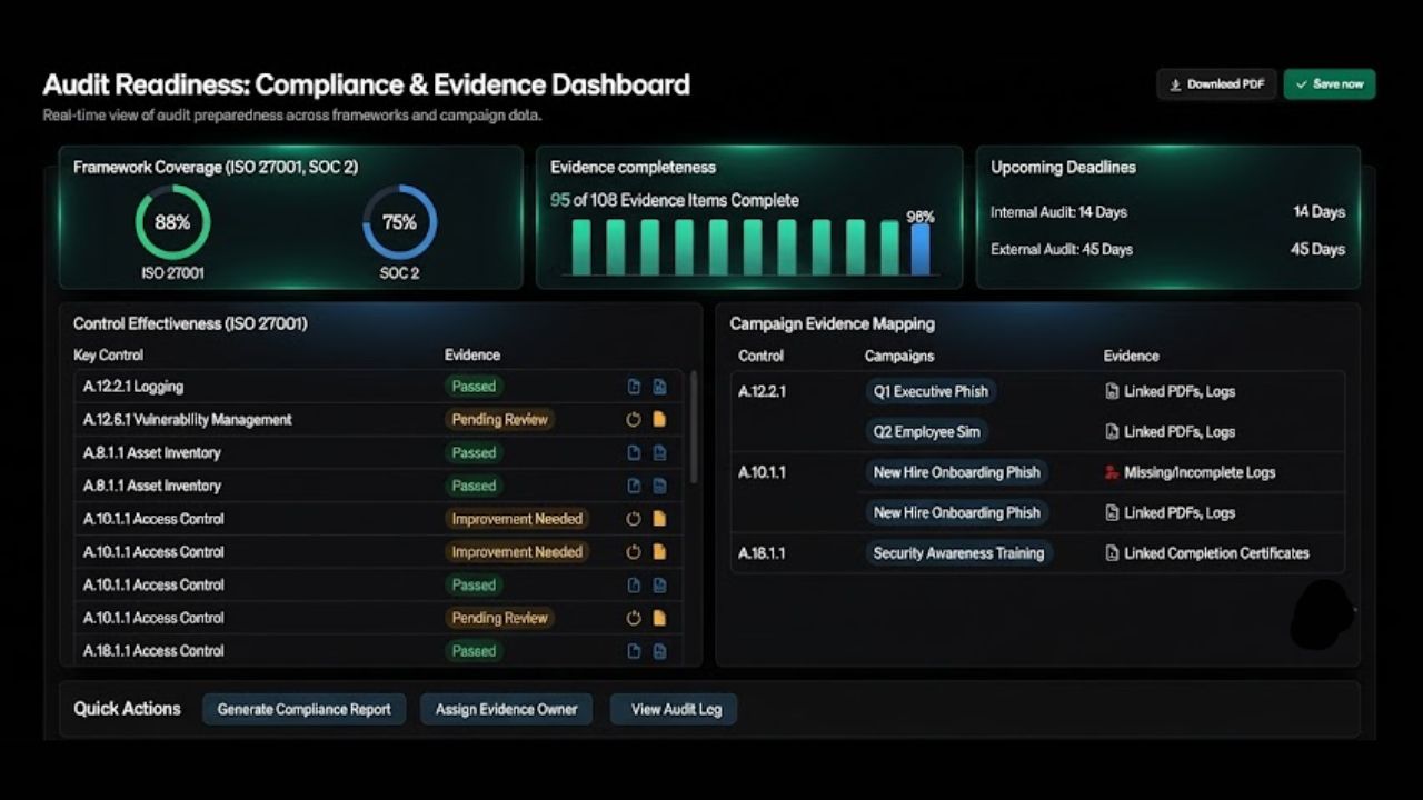 PhishPrep audit readiness and compliance evidence dashboard